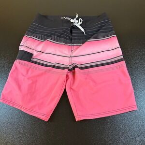 Carbon Board Shorts Swim Trunks Striped Pink Black Stretch Drawstring Mens 32"